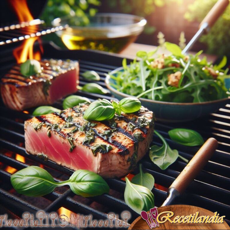 Filetes de atún a la parrilla de albahaca con ensalada de rúcula Filetes de atún a la parrilla de albahaca con ensalada de rúcula